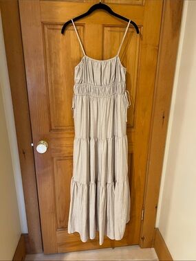 Blu Pepper Beige Tiered Spaghetti-Strap Maxi Dress